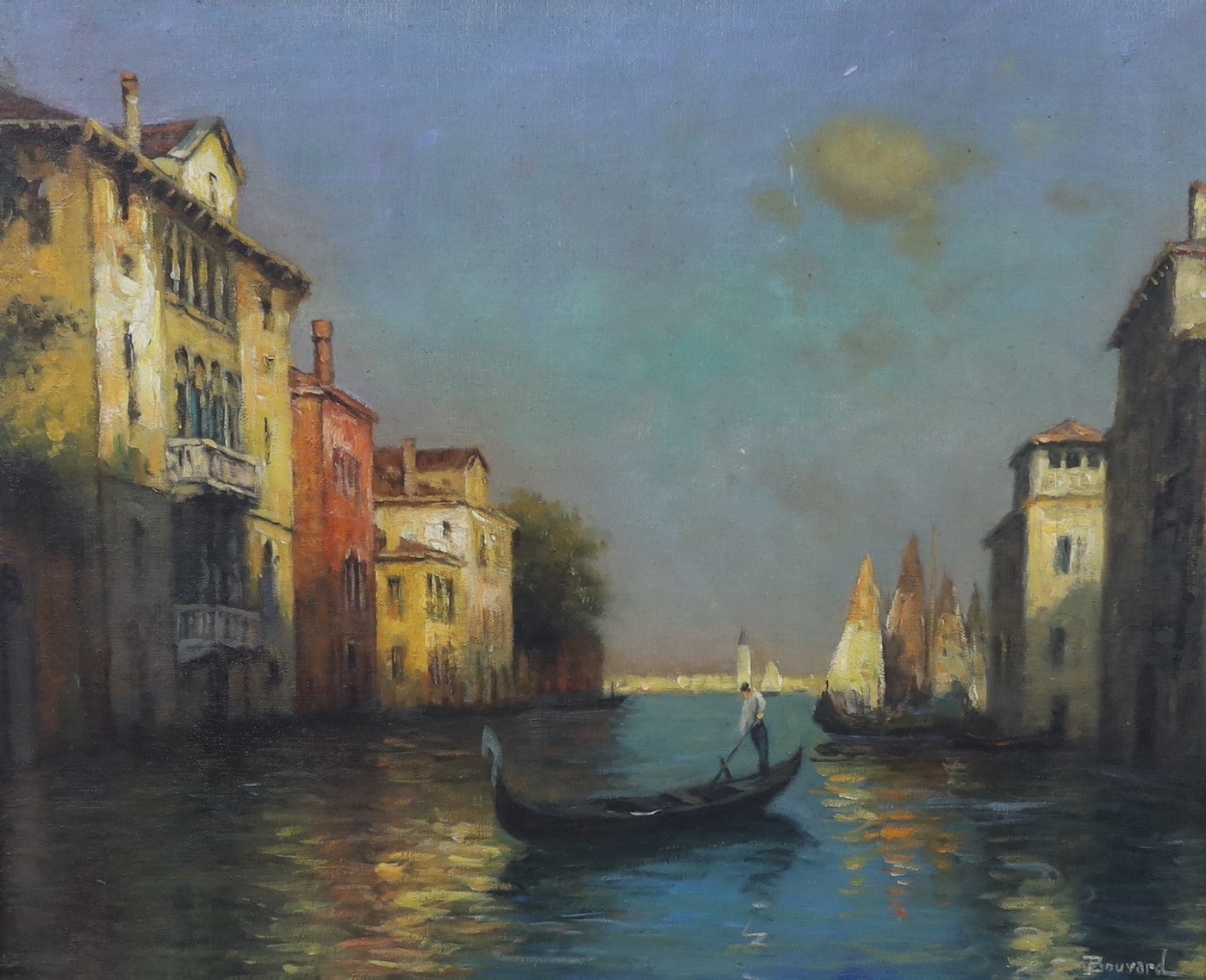 After Bouvard, oil on canvas board, Venetian canal scene, bears signature, 44 x 54cm